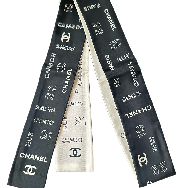 Chanel twilly小絲巾 黑白雙面-10