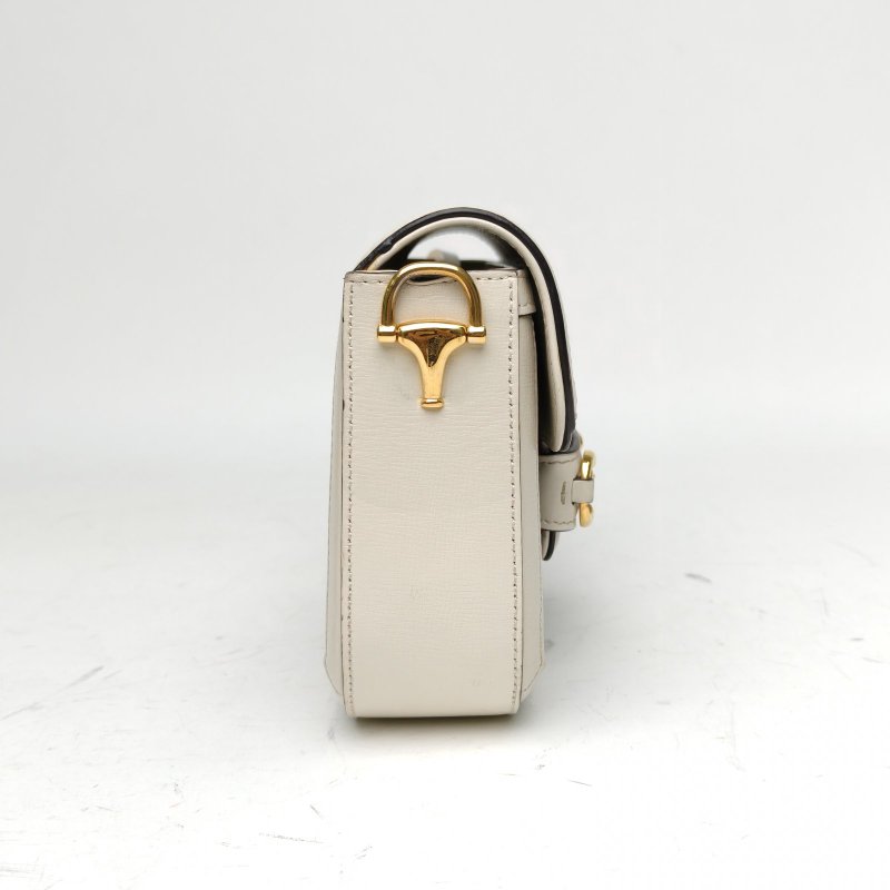 GUCCI Horsebit馬銜扣1955馬鞍包Mini白色牛皮/PVC金扣肩背包-3