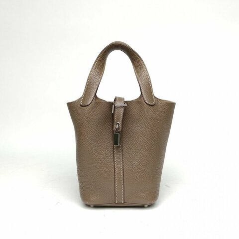 HERMES Picotin菜籃子18大象灰TC皮框Q銀扣肩背包