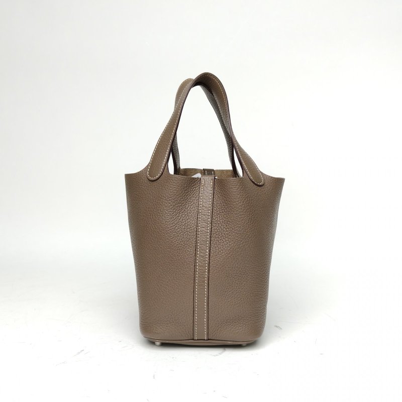 HERMES Picotin菜籃子18大象灰TC皮框Q銀扣肩背包-2