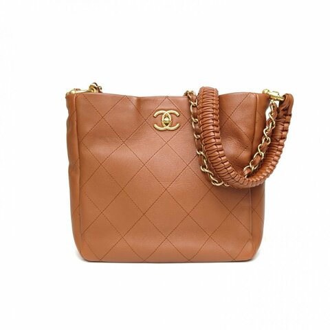 CHANEL 焦糖色牛皮晶片金扣23A嬉皮hobo手工坊系列單肩包肩背包