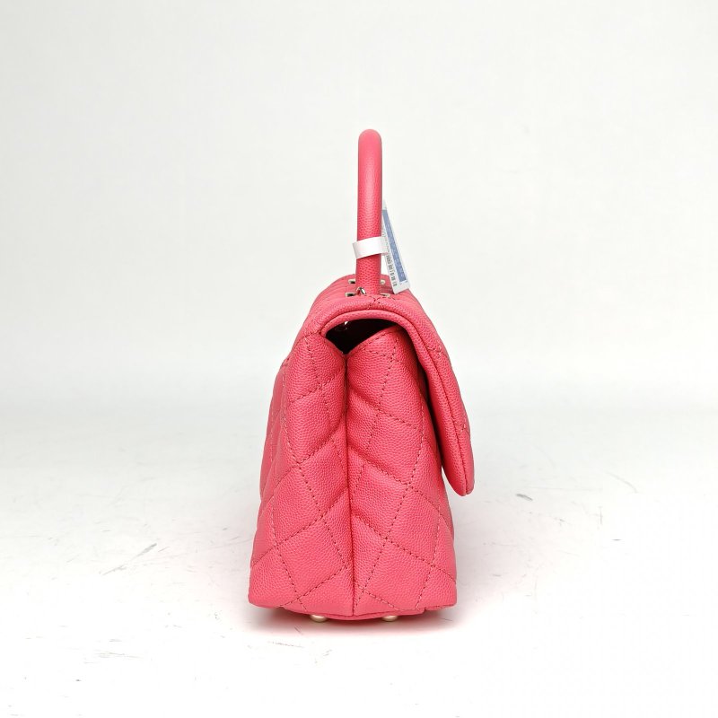 CHANEL CocoHandle小號粉紅色荔枝牛皮30開金扣皮手柄肩背包-3