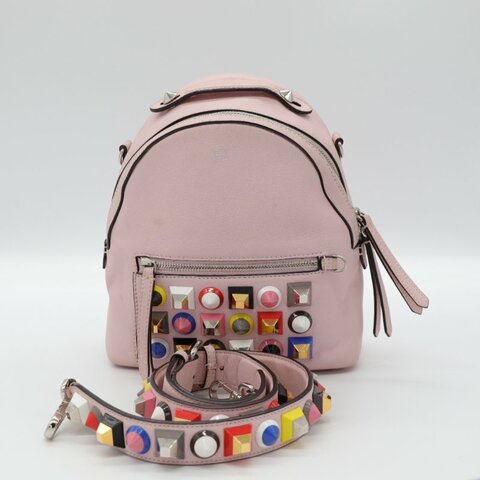 Fendi 芬迪  彩色鉚釘 粉紅色 牛皮 銀扣 手挽 肩背 兩用袋