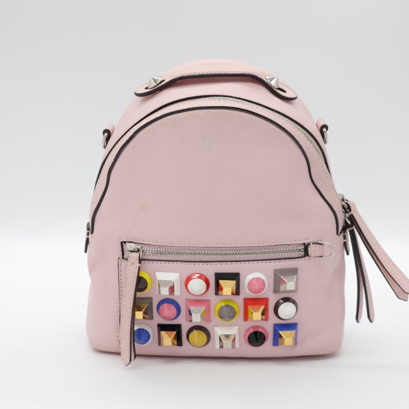 Fendi 芬迪  彩色鉚釘 粉紅色 牛皮 銀扣 手挽 肩背 兩用袋-1