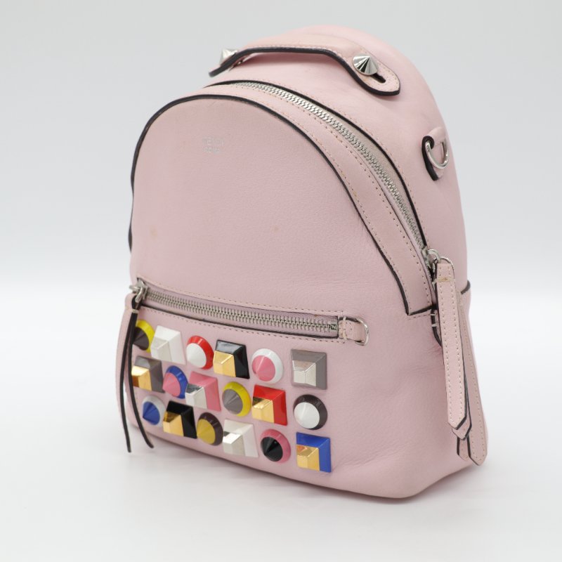 Fendi 芬迪  彩色鉚釘 粉紅色 牛皮 銀扣 手挽 肩背 兩用袋-2