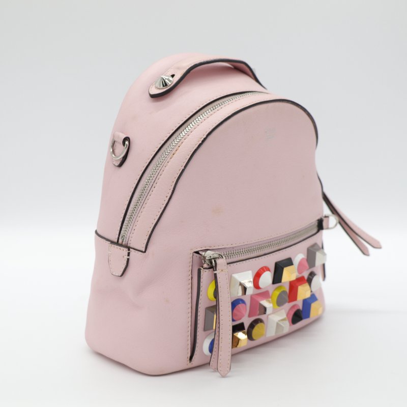 Fendi 芬迪  彩色鉚釘 粉紅色 牛皮 銀扣 手挽 肩背 兩用袋-3