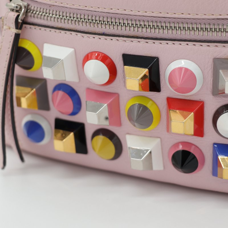 Fendi 芬迪  彩色鉚釘 粉紅色 牛皮 銀扣 手挽 肩背 兩用袋-9