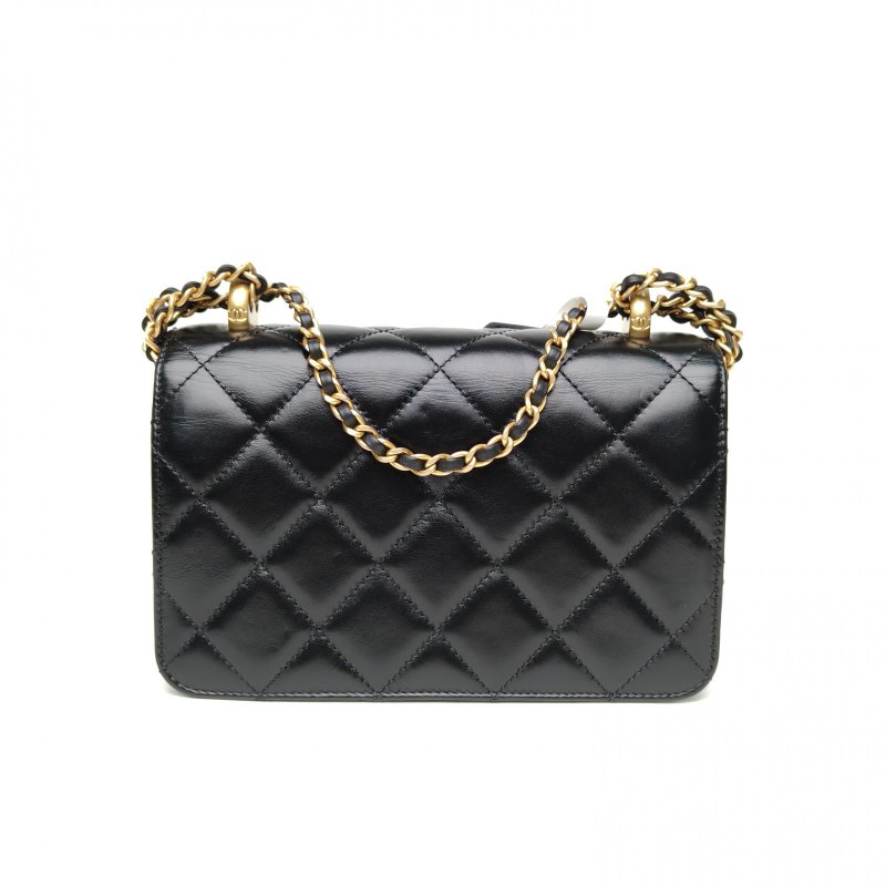 CHANEL 24CCF口蓋包黑色牛皮晶片金扣雙金珠皮穿鏈肩背包-2