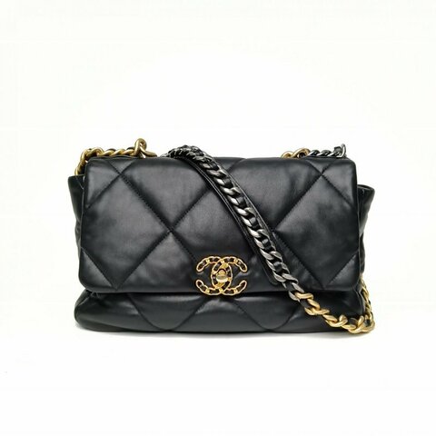 CHANEL 19BAG口蓋包中號30黑色羊皮晶片開金銀扣肩背包