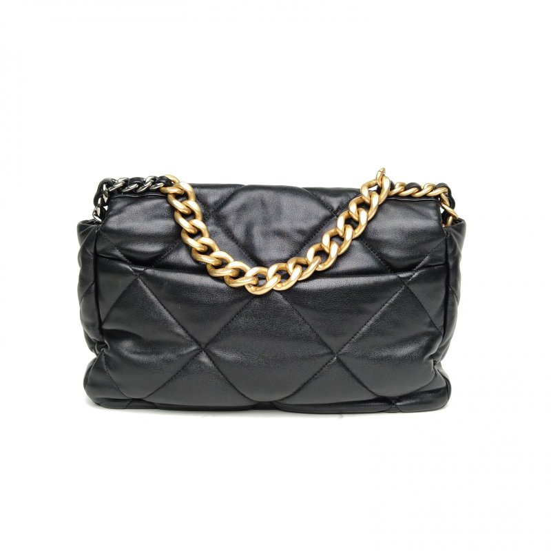 CHANEL 19BAG口蓋包中號30黑色羊皮晶片開金銀扣肩背包-2