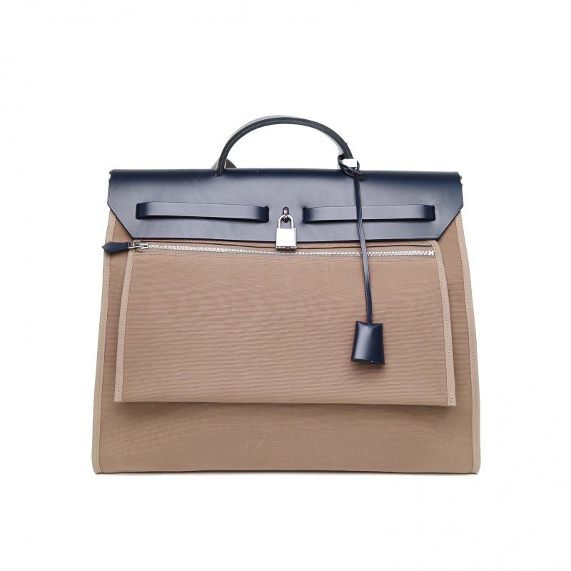 HERMES Herbag39大象灰帆布/Hunter牛皮A刻銀扣肩背包-2