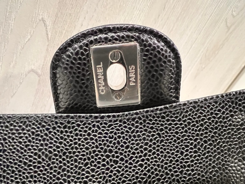 Chanel 香奈兒 coco23公分黑銀荔枝口蓋包23cm-9