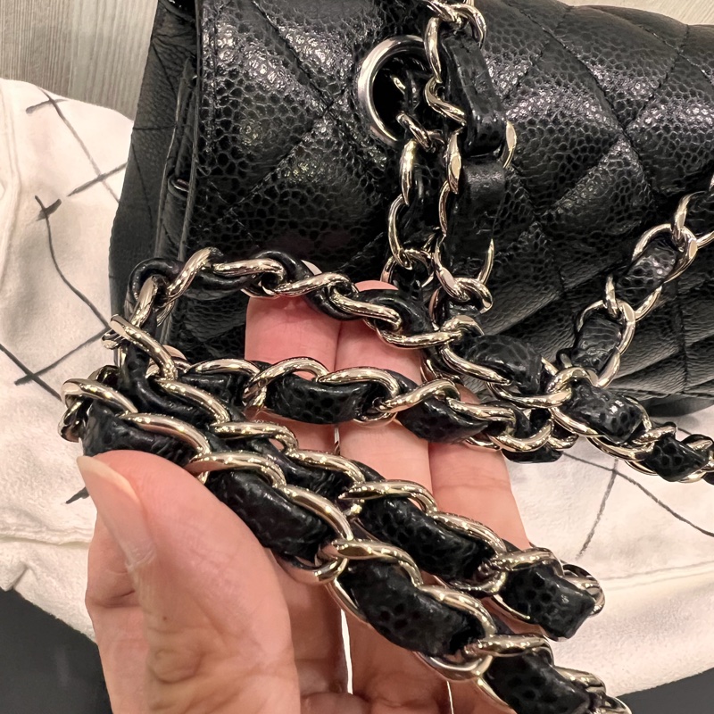 Chanel 香奈兒 coco23公分黑銀荔枝口蓋包23cm-11