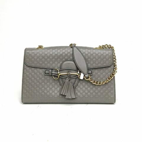 GUCCI Emily馬銜扣流蘇中號GG壓紋灰色牛皮金扣肩背包