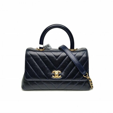 CHANEL CocoHandle小號藍色牛皮24開金扣V紋肩背包