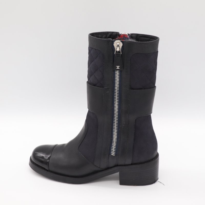 Chanel 香奈兒 黑色牛皮 漆皮 毛內裡 靴子 中長靴 EU37-1