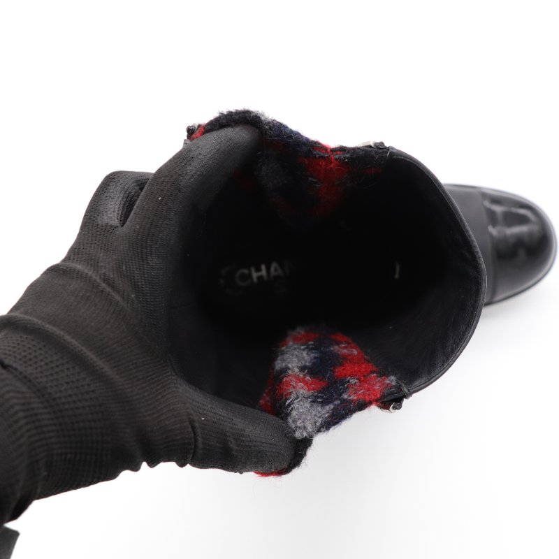 Chanel 香奈兒 黑色牛皮 漆皮 毛內裡 靴子 中長靴 EU37-8