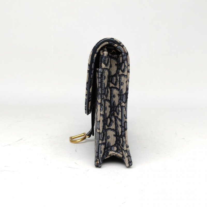 DIOR SADDLE馬鞍鏈條WOC厚款墨藍色帆布Oblique印花肩背包-1