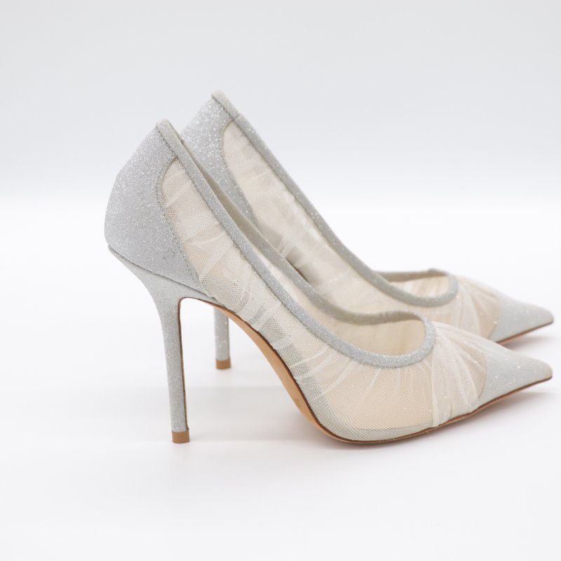 JIMMY CHOO 象牙白色 薄紗蓋飾 金屬感銀色 閃粉面料 高跟鞋 EU37-3