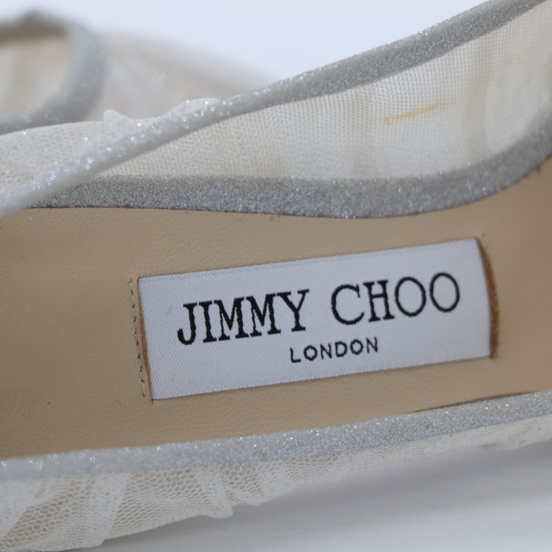 JIMMY CHOO 象牙白色 薄紗蓋飾 金屬感銀色 閃粉面料 高跟鞋 EU37-4