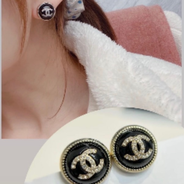 Chnael 黑琺瑯鑲鑽耳環-0