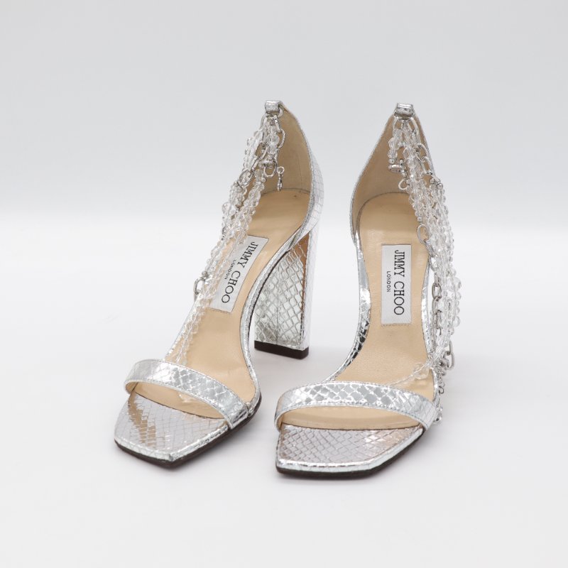 （超級美♥️專櫃 56,800）JIMMY CHOO 銀色皮革 水晶鏈條 ⛓️ 高跟鞋 EU37-1