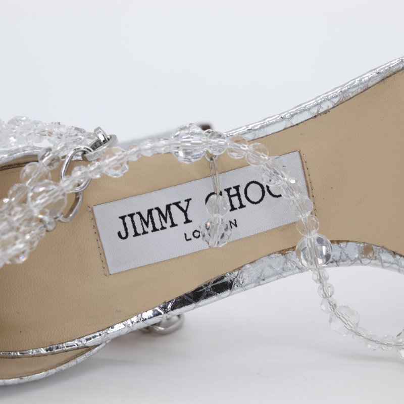 （超級美♥️專櫃 56,800）JIMMY CHOO 銀色皮革 水晶鏈條 ⛓️ 高跟鞋 EU37-4