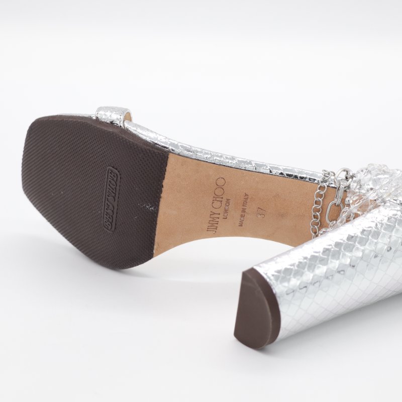 （超級美♥️專櫃 56,800）JIMMY CHOO 銀色皮革 水晶鏈條 ⛓️ 高跟鞋 EU37-6