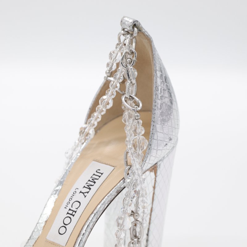 （超級美♥️專櫃 56,800）JIMMY CHOO 銀色皮革 水晶鏈條 ⛓️ 高跟鞋 EU37-7