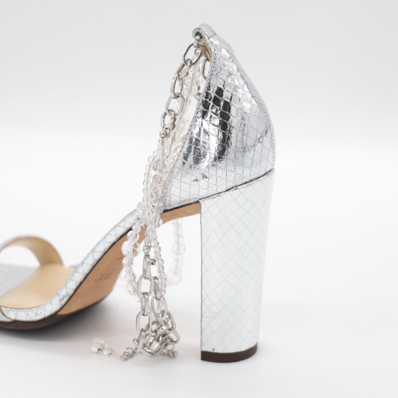 （超級美♥️專櫃 56,800）JIMMY CHOO 銀色皮革 水晶鏈條 ⛓️ 高跟鞋 EU37-9