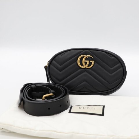 Gucci 古馳 Marmont 黑色牛皮 金釦 腰包 斜挎背包