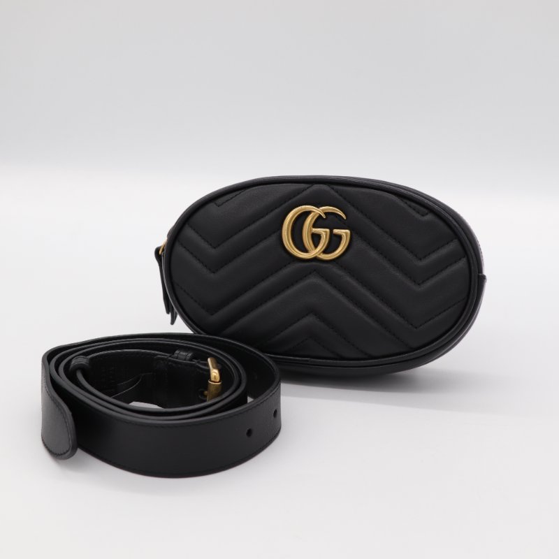 Gucci 古馳 Marmont 黑色牛皮 金釦 腰包 斜挎背包-1