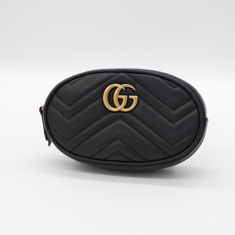 Gucci 古馳 Marmont 黑色牛皮 金釦 腰包 斜挎背包-2