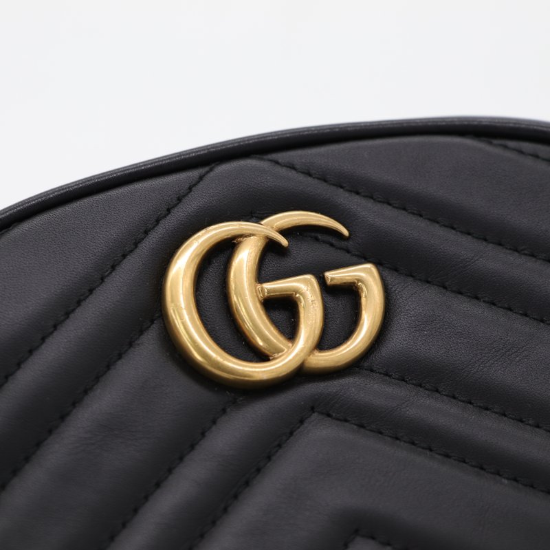 Gucci 古馳 Marmont 黑色牛皮 金釦 腰包 斜挎背包-4