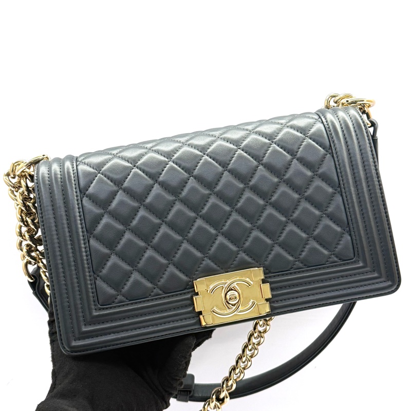 CHANEL 香奈兒 灰藍羊皮BOY 25CM 肩背斜背包（無卡）-0