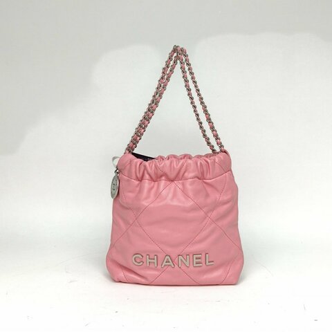 CHANEL 22BagTote托特包Mini20粉色牛皮晶片銀扣肩背包