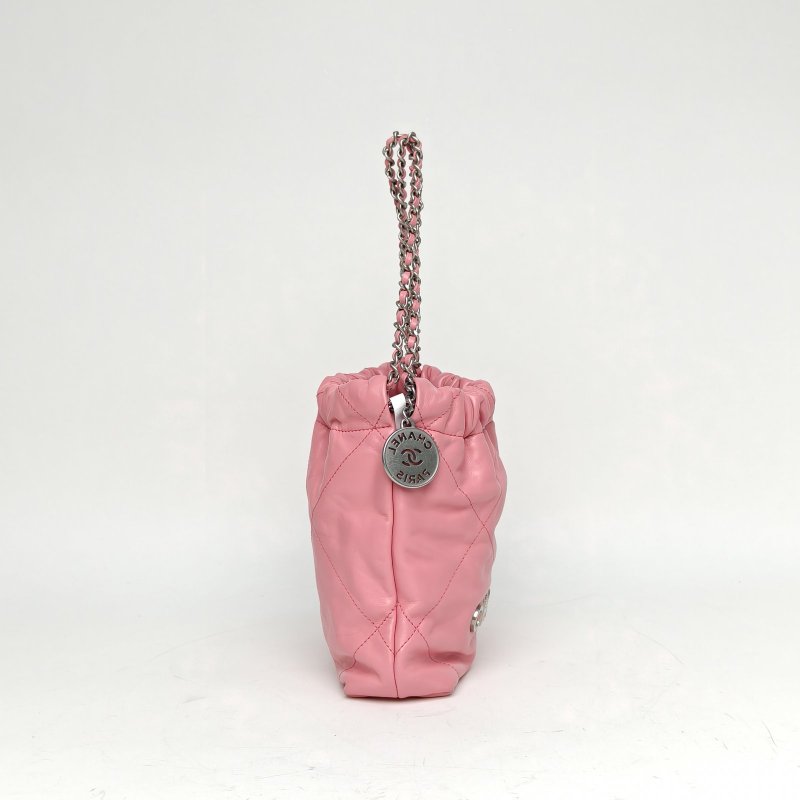 CHANEL 22BagTote托特包Mini20粉色牛皮晶片銀扣肩背包-3