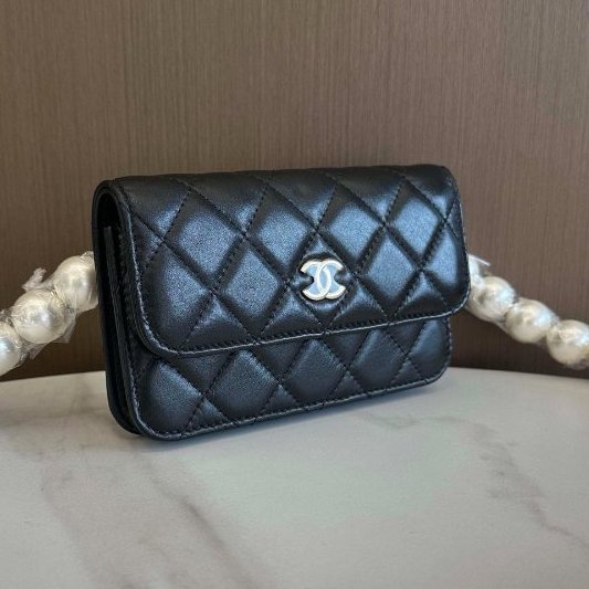 閒置新 香奈兒/Chanel 珍珠挎包黑色淡金扣 小羊皮-2