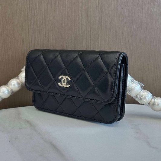 閒置新 香奈兒/Chanel 珍珠挎包黑色淡金扣 小羊皮-3
