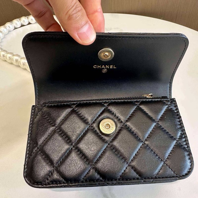 閒置新 香奈兒/Chanel 珍珠挎包黑色淡金扣 小羊皮-8