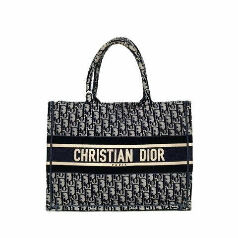 DIOR BookTote中號藍色天鵝絨/帆布Oblique字母刺繡帆布肩背包