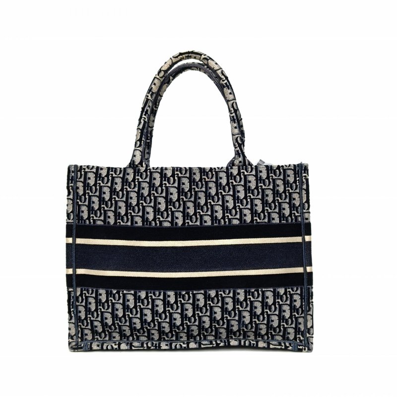 DIOR BookTote中號藍色天鵝絨/帆布Oblique字母刺繡帆布肩背包-2