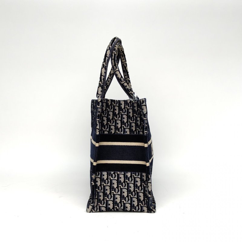 DIOR BookTote中號藍色天鵝絨/帆布Oblique字母刺繡帆布肩背包-3