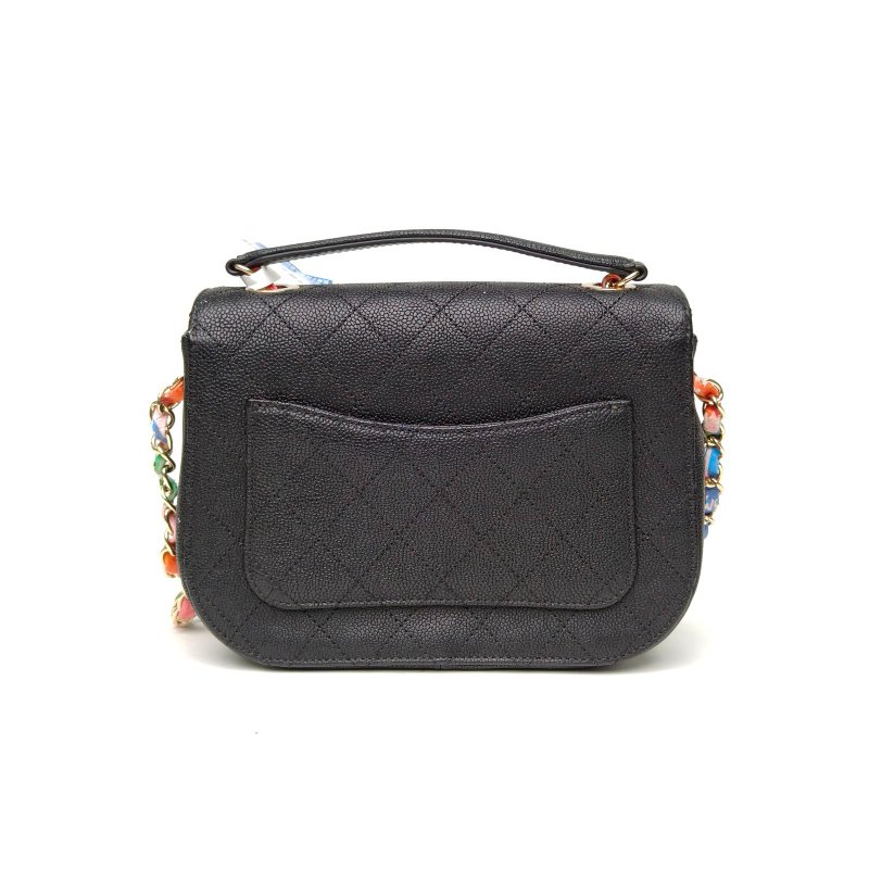 CHANEL 古巴扣菱格紋單肩手提郵差包黑色荔枝牛皮23開金扣肩背包-2