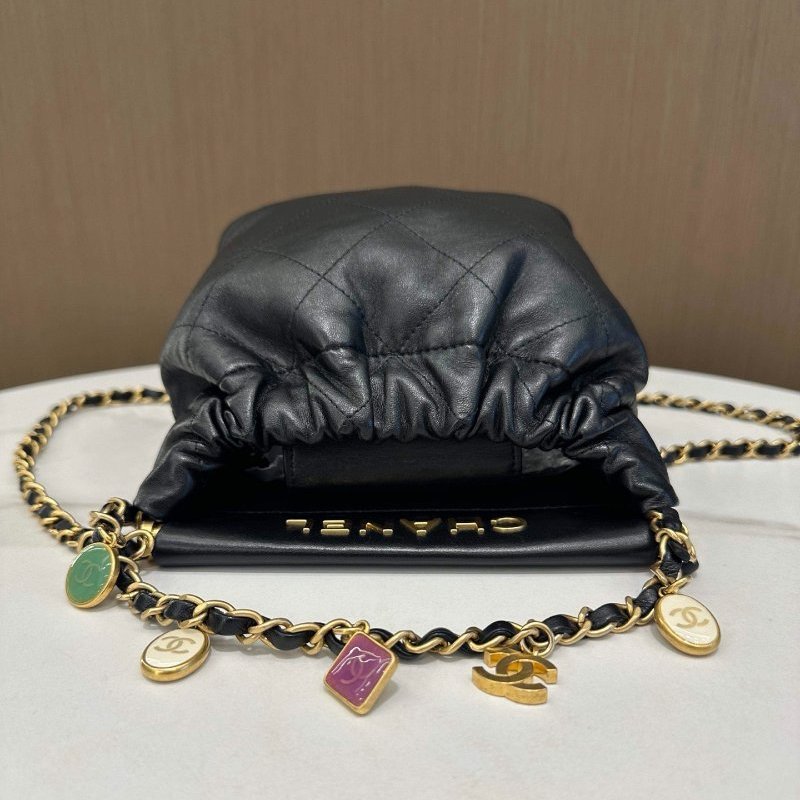 近新品 香奈兒/Chanel 芯片黑色金扣羊皮彩寶福袋肩背斜背包-3