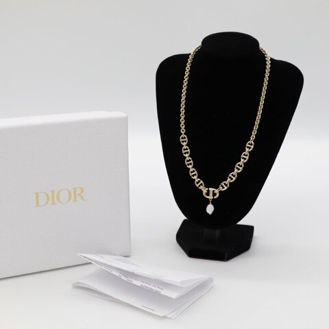 Dior 迪奧 CD LOGO 金色鏈條 不規則珍珠 項鏈