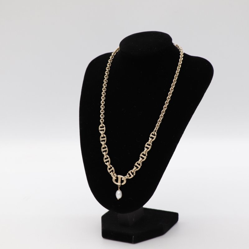 Dior 迪奧 CD LOGO 金色鏈條 不規則珍珠 項鏈-1