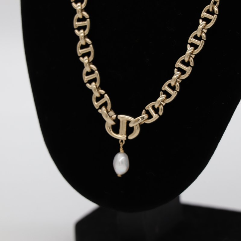 Dior 迪奧 CD LOGO 金色鏈條 不規則珍珠 項鏈-3