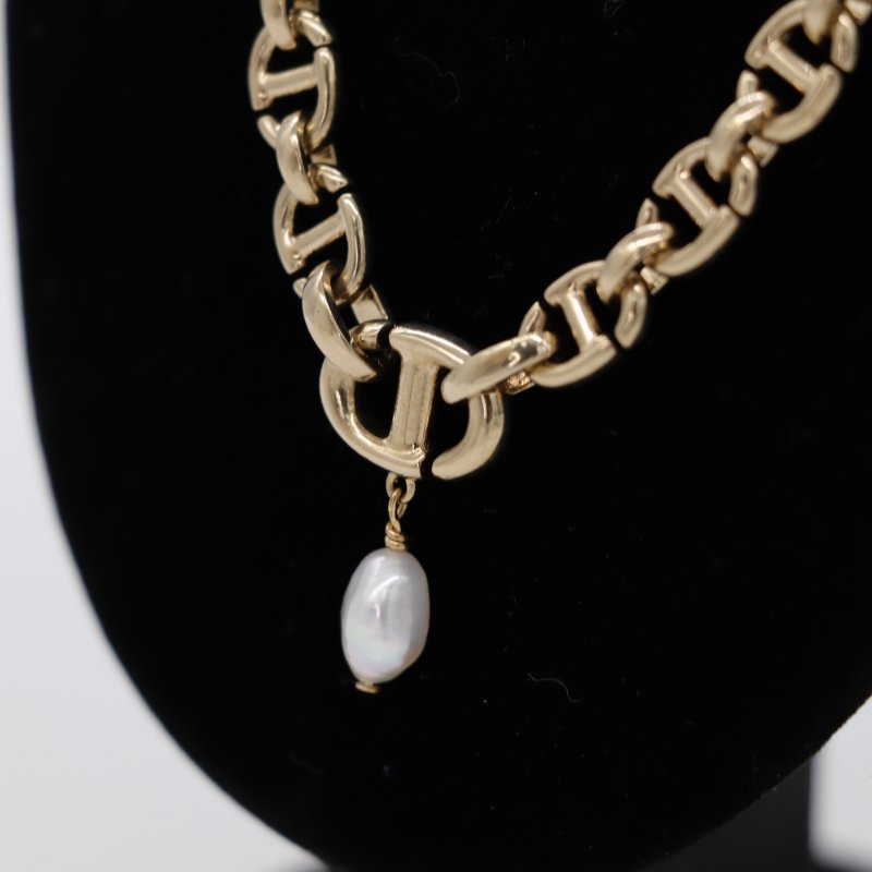 Dior 迪奧 CD LOGO 金色鏈條 不規則珍珠 項鏈-4