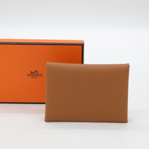 Hermès 愛馬仕 Calvi 金棕色 Epsom 牛皮 銀扣 卡包 W刻